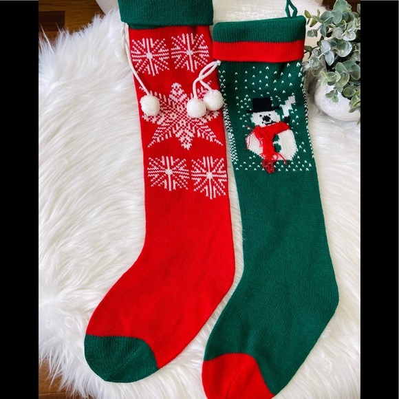 - Other - 3/$25 Knit with Pom poms CHRISTMAS STOCKINGS set of 2 snowman snowflake HOLIDAY
